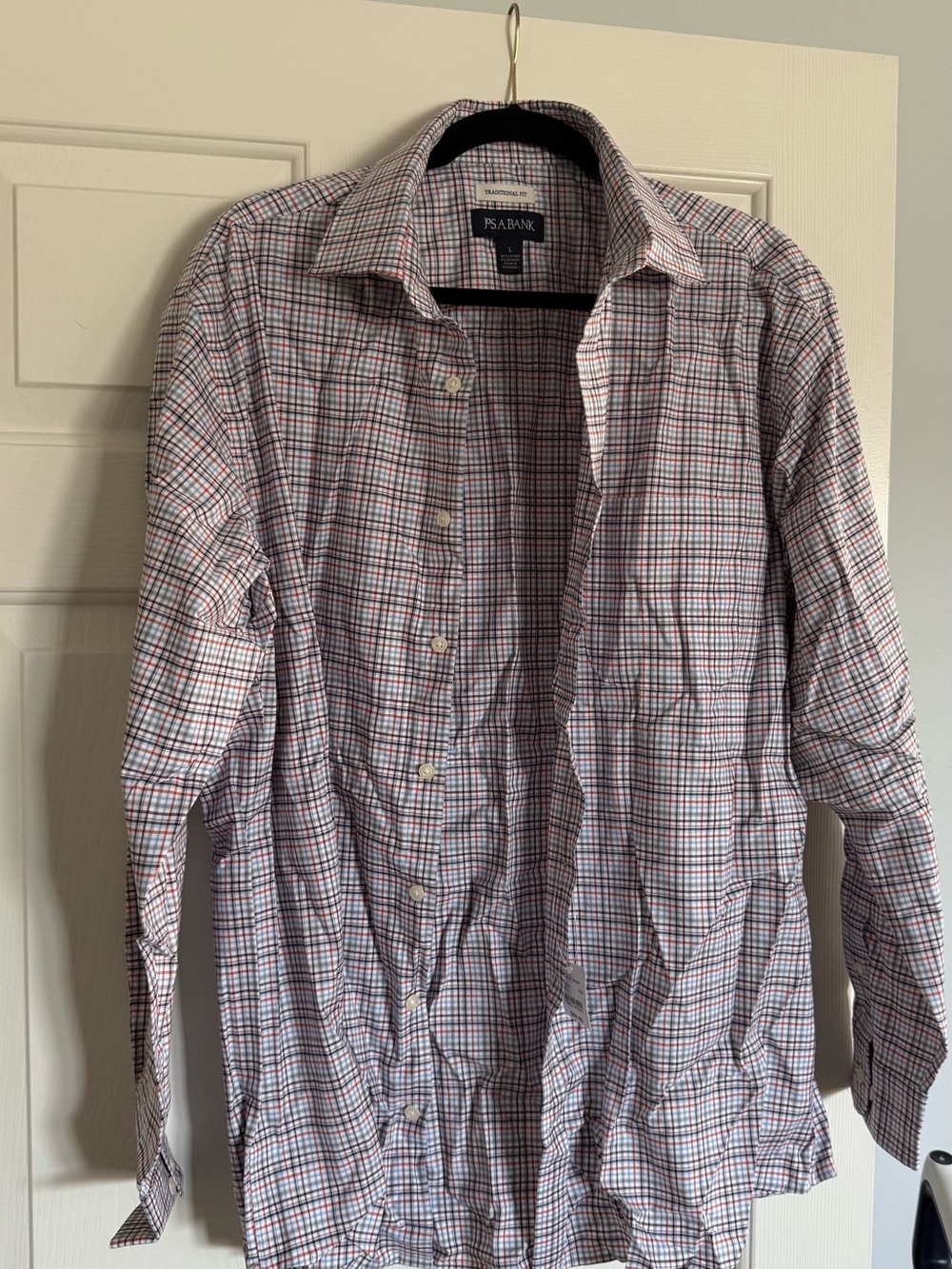 Jos. A. Bank White Button-Down Shirt with Red & Blue Windowpane Plaid
